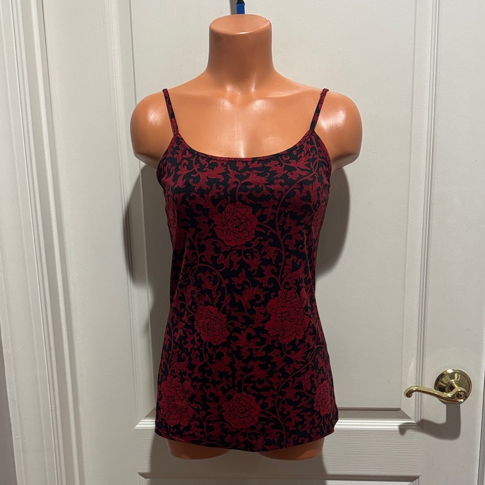 APOSTROPHE Stretch Black Red Floral Fleur De Lis Cami S Small $40 EUC KL